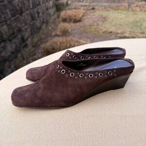 Vintage Moda International Brown Suede Mule Wedges with Silver Hardware